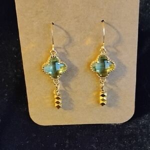 Hand Crafted  Gold and Green Clover Dangle Earrings